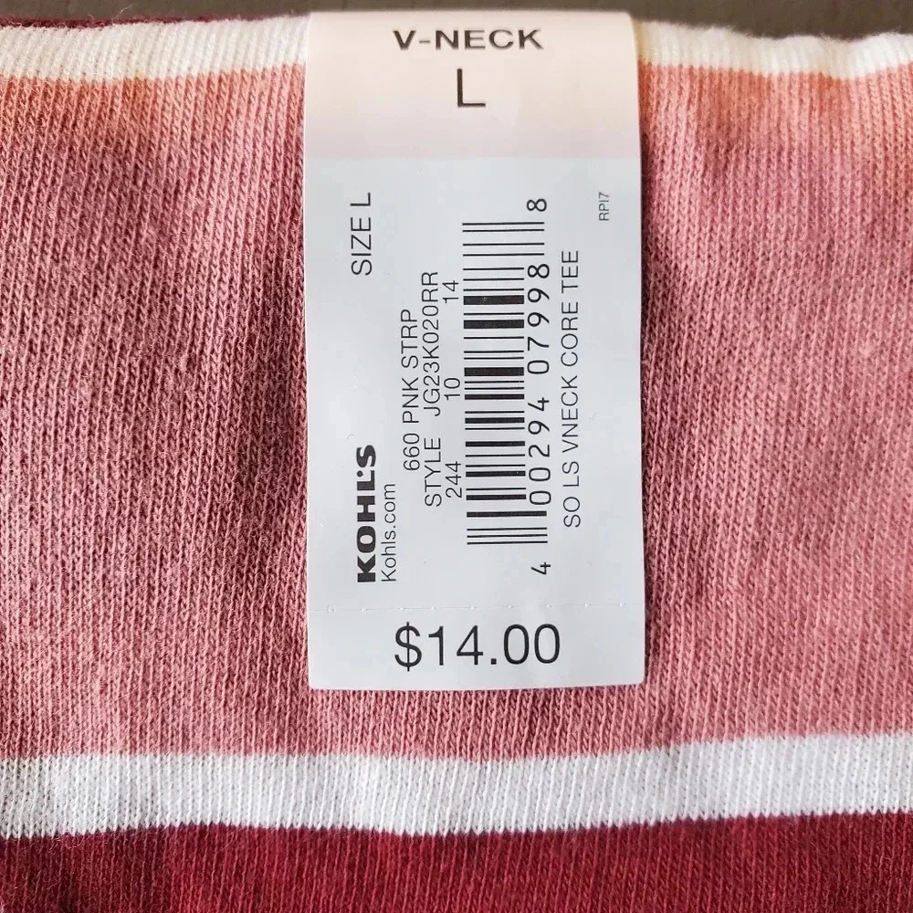 SO | Essential V-Neck Long Sleeve T-Shirt in Pink Stripe sz Various
